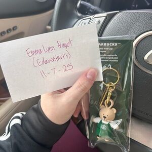 Starbucks Bear Keychain with Green Apron and Gold Accents